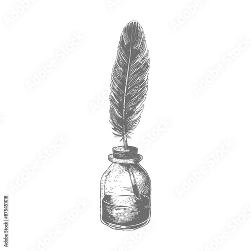 Hand-Drawn Quill Pen in Antique Inkwell, Vintage Sketch