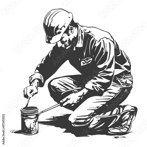 Crouching Worker Testing Oil Sample, Monochrome Line Art Illustration