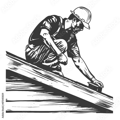 Roofing Contractor Applying Sealant:  Engraved Style Illustration