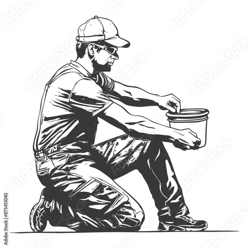 Kneeling Craftsman Inspecting Paint in Bucket, Monochrome Line Art Illustration
