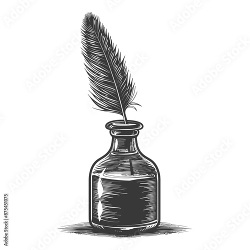 Vintage Quill Pen in Inkwell: Monochrome Engraving Illustration