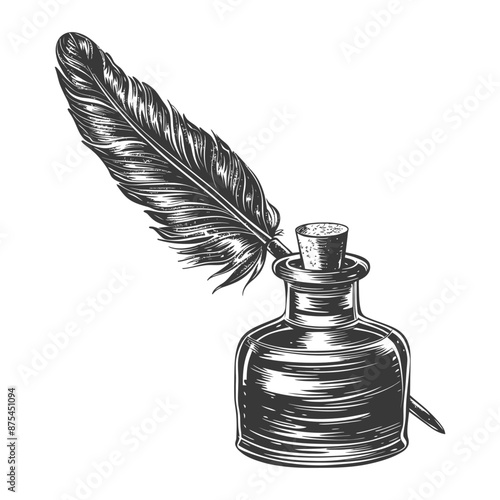 Vintage Quill Pen & Inkwell: Hand-Drawn Engraving Illustration
