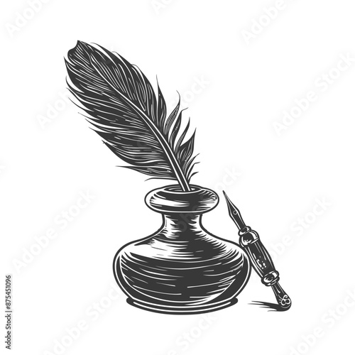 Vintage Quill Pen & Inkwell: Monochrome Engraving Illustration