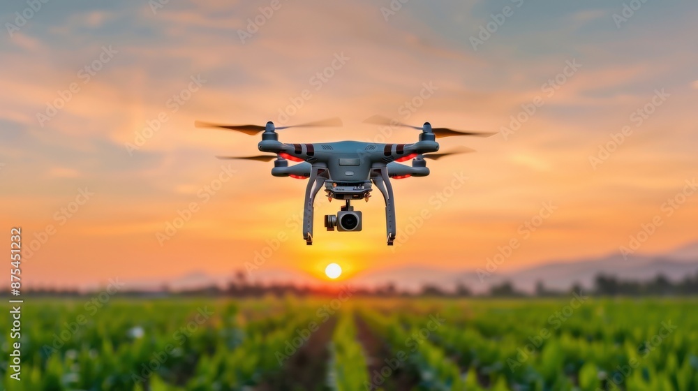 A drone is flying over a field of green plants. The sky is filled with clouds and the sun is setting A drone is flying over a field of green plants. The sky is filled with clouds and the sun is setting
