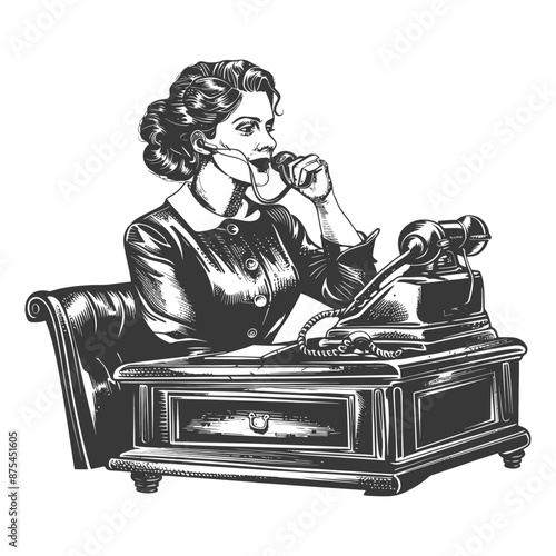 Vintage Operator: Intrigued Woman on Retro Desk Phone, Monochrome Illustration