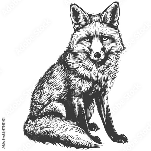 Intricate Ink Drawing of a Seated Red Fox, Detailed Fur Texture