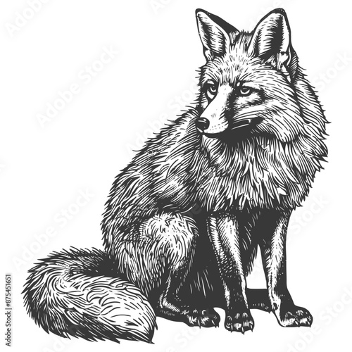 Intricate Line Art Red Fox, Sitting, Detailed Fur, Monochrome Illustration