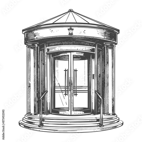 Hand-Drawn Engraving of a Classical Revolving Door Entrance