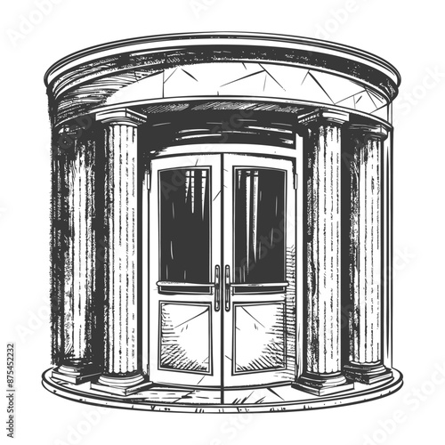 Hand-drawn sketch: Classical rotunda entrance with revolving doors and ionic columns