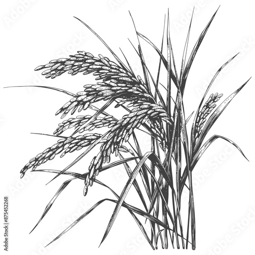 Hand-Drawn Ink Illustration of Rice Stalks with Grain