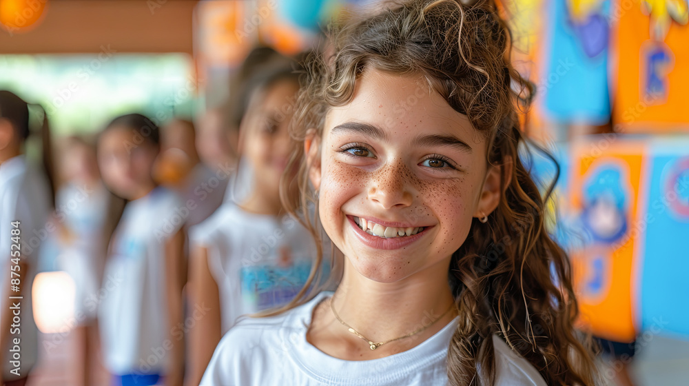 Happy Freckled Girl Smiling at Camera in School Hallway Back to School Concept Happy Freckled Girl Smiling at Camera in School Hallway Back to School Concept
