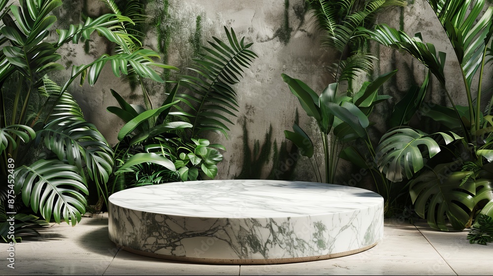 an empty marble podium set against a backdrop of lush tropical plants. an empty marble podium set against a backdrop of lush tropical plants.