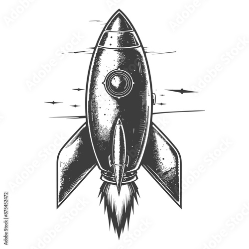Vintage Rocket Launch: Monochrome Engraving Illustration