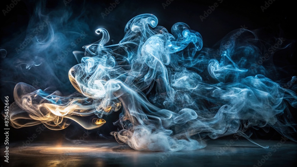 Obraz premium Ethereal wisps of smoke rise from mysterious darkness, illuminated against a black backdrop, evoking an otherworldly atmosphere of mystery and intrigue.