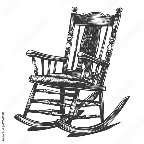 Vintage Hand-Drawn Rocking Chair Illustration, Rustic Wood Grain Detail