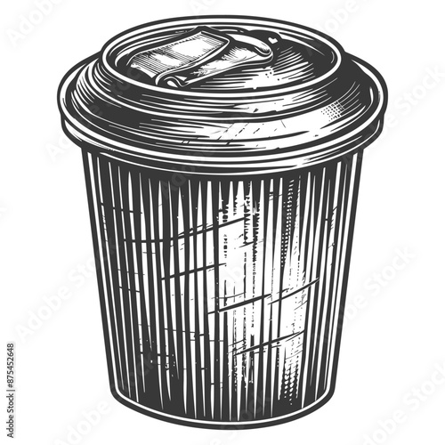 Vintage Engraved Illustration: Disposable Coffee Cup with Lid