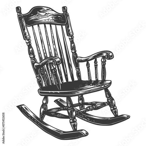 Vintage Hand-Drawn Rocking Chair, Rustic Wood Grain Detail