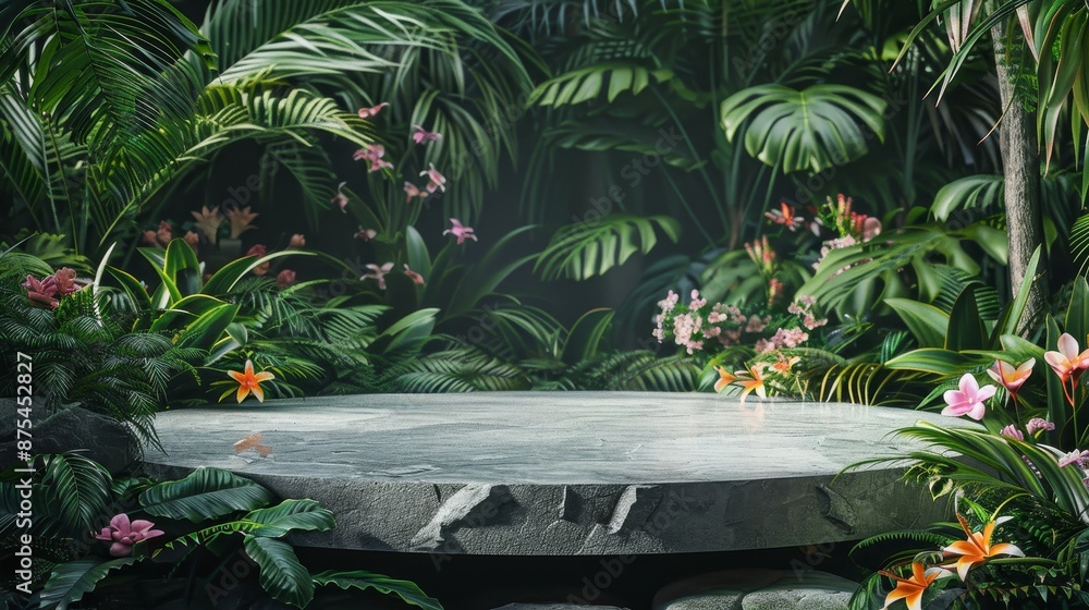 an empty natural stone podium nestled among tropical foliage and exotic blooms. an empty natural stone podium nestled among tropical foliage and exotic blooms.