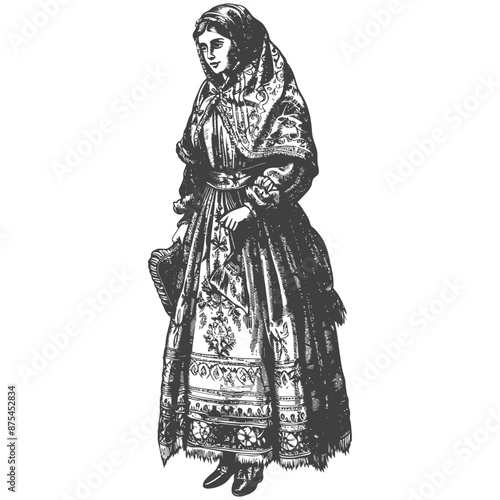 Antique Engraving: Victorian Woman in Elaborate Shawl and Full Skirt