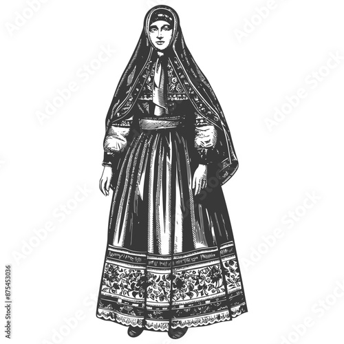Vintage Illustration: Woman in Elaborate Embroidered Basque Dress