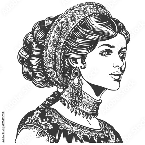 Elegant Mughal-Inspired Woman, Intricate Headpiece & Jewelry, Vintage Engraving Style