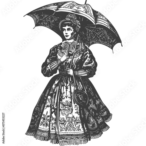 Victorian Lady with Ornate Parasol and Embroidered Dress, Vintage Engraving