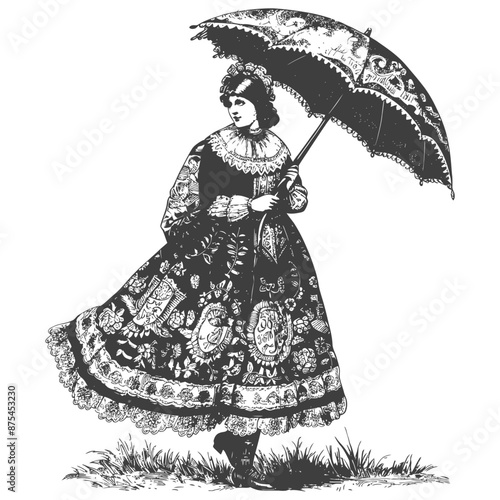 Victorian Lady in Ornate Dress with Parasol, Vintage Engraving
