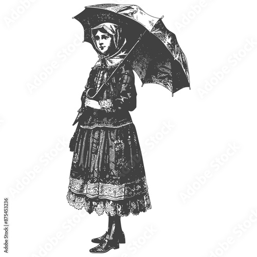 Victorian Girl in Bonnet with Parasol, Vintage Woodcut Illustration