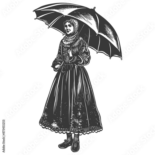 Vintage Engraving: Woman in Traditional Dress with Parasol