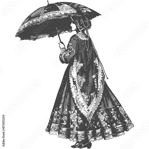 Victorian Lady in Elaborate Gown, Back View, Parasol Detail