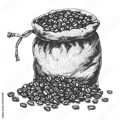 Hand-Drawn Vintage Illustration: Burlap Sack Overflowing with Aromatic Coffee Beans