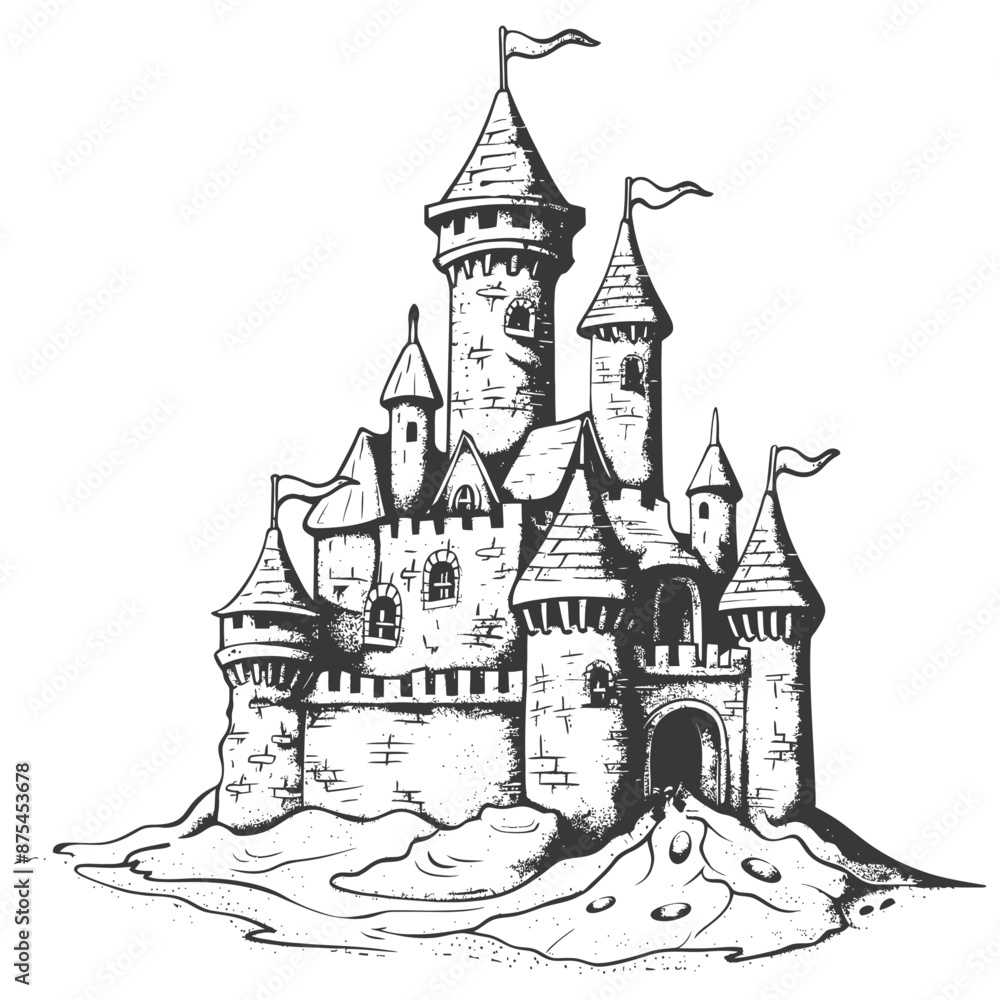 Obraz premium Hand-Drawn Fairytale Castle Illustration: Monochrome Ink Sketch