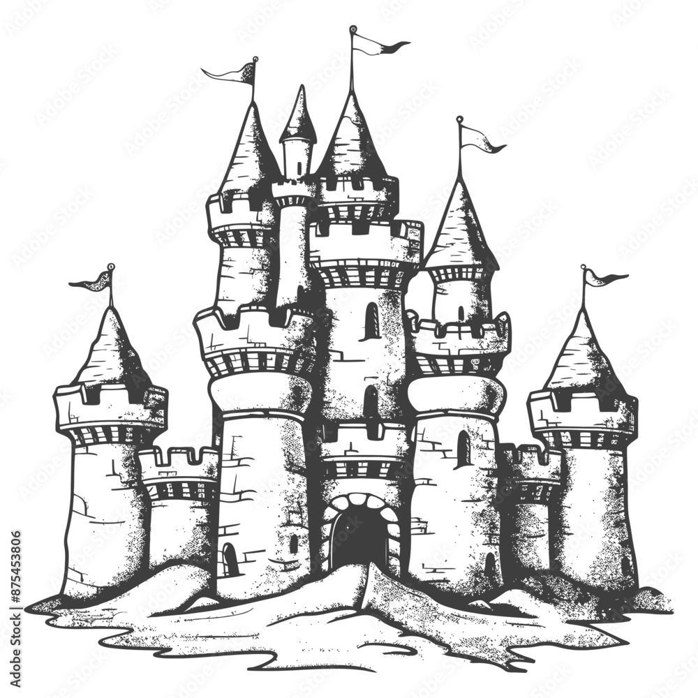 Fototapeta premium Hand-Drawn Fairytale Castle Illustration: Majestic Stone Fortress with Turrets and Flags