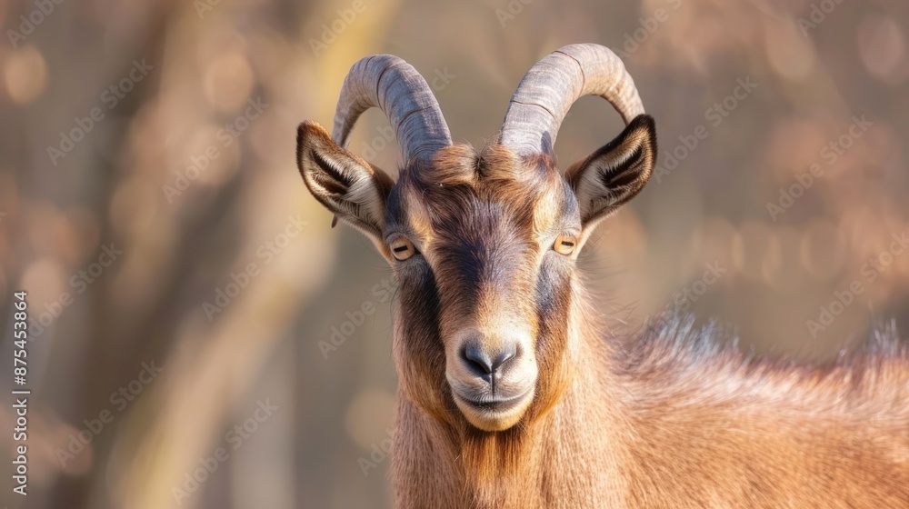 A goat with horns is staring at the camera. Generate AI image A goat with horns is staring at the camera. Generate AI image