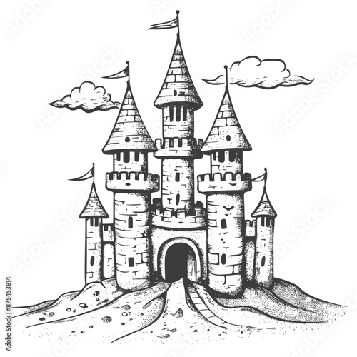 Hand-Drawn Fairytale Castle Illustration: Stone Structure, Clouds, and Flags