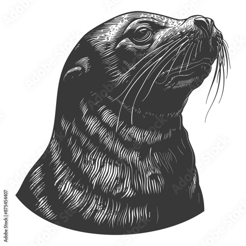 Intricate Woodcut Style Sea Lion Portrait, Monochrome