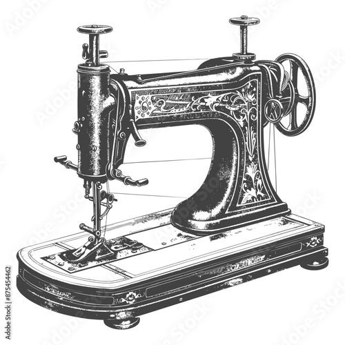 Vintage Ornate Sewing Machine, Hand-Drawn Engraving Illustration