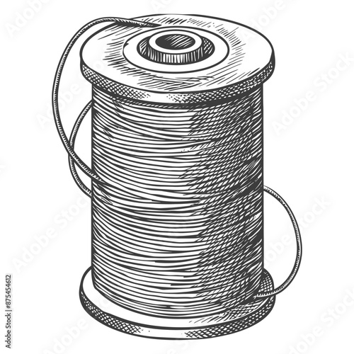 Hand-Drawn Vintage Thread Spool with Loose Ends, Detailed Sketch