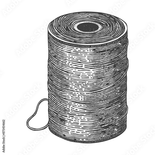Vintage Woodcut Illustration: Spooled Thread, Hand-Drawn Texture