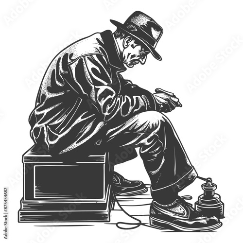 Pensive Cobbler: Monochrome Illustration of a Street Shoe Shiner