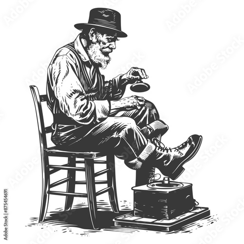 Vintage Black and White Illustration: Elderly Cobbler Repairing Boots