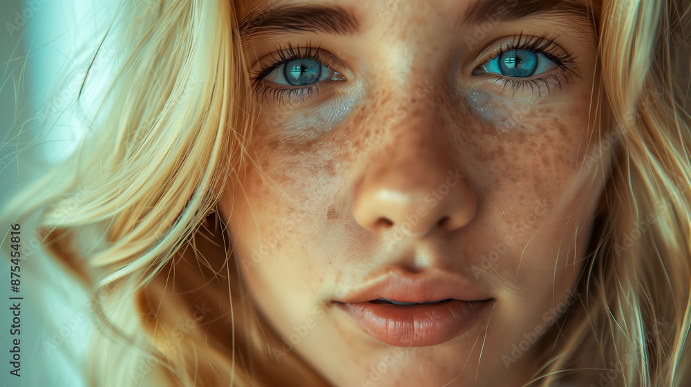 A close-up captures the blue eyes, freckles, and skin details of a blonde girl, highlighting the unique and striking features of her complexion.
A close-up captures the blue eyes, freckles, and skin details of a blonde girl, highlighting the unique and striking features of her complexion.