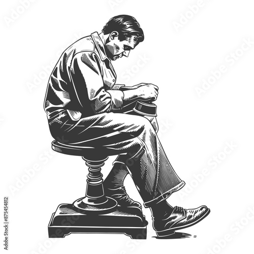 Monochrome Illustration: Craftsman Repairing Hat, Vintage Style