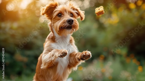 A playful dog with brown fur leaps into the air to catch a treat mid-flight, set against a backdrop of a lush garden or park, capturing a moment of active fun and joy. © Pinklife