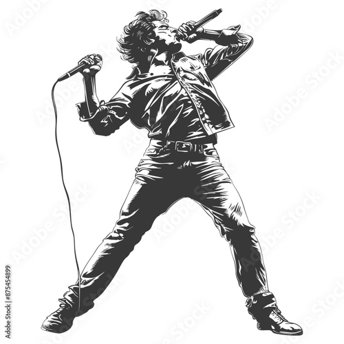 Dynamic Rock Singer Silhouette, Monochrome Ink Drawing