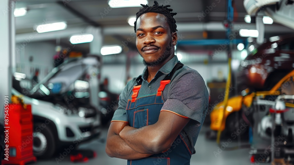 In a busy auto repair shop, a mechanic with dreadlocks poses confidently with crossed arms, exuding professionalism and reliability amidst vehicles and tools. In a busy auto repair shop, a mechanic with dreadlocks poses confidently with crossed arms, exuding professionalism and reliability amidst vehicles and tools.