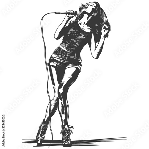 Passionate Female Singer, Monochrome Vector Illustration