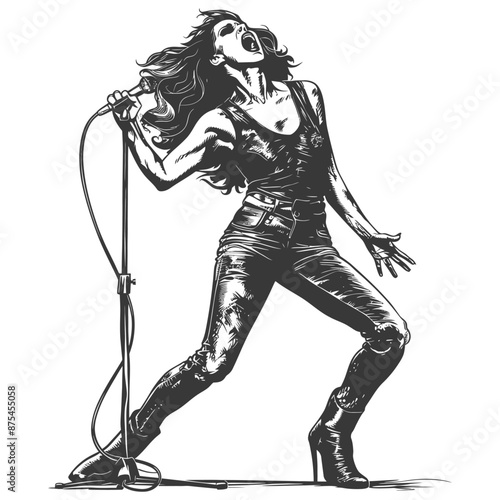 Rock 'n' Roll Siren: Monochrome Ink Drawing of a Female Vocalist