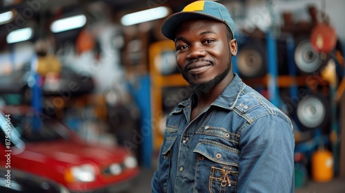 A confident mechanic dressed in denim stands in an auto repair shop with a friendly smile, showcasing his expertise and the busy environment around him.