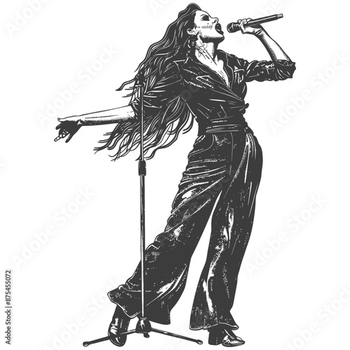 Passionate Female Singer, Monochrome Ink Illustration, Dramatic Pose